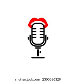 Microphone Woman Red Lips Vintage Line Art Black White Vector Simple Logo