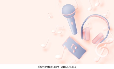 Microphone,headphone,mobile phone and music notes for sing a song, melody or tune 3d realistic vector icon for musical apps and websites background vector illustration