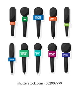 Microphone,reporter equipment. Mass media, television show. Tv.Audio conference. Interview. Broadcasting, communication. Flat style. Studio. Sound or music.Set.