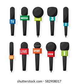 Microphone,reporter equipment. Mass media, television show. Tv.Audio conference. Interview. Broadcasting, communication. Flat style. Studio. Sound or music.Set.