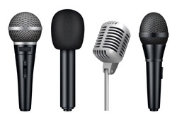 Microphones 3d. Music studio misc mic equipment vector realistic pictures of vintage style microphones isolated. Illustration of mic media, microphone for karaoke and concert