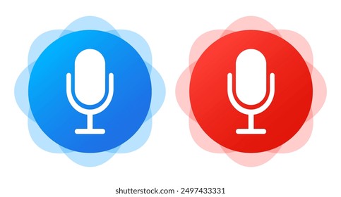 Microphones in blue and red circles. Voice message recorder, media, online communication, correspondence, messenger, mail, send, messaging, texting, search by sound, social media. Vector illustration