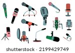 Microphones collection. Music recording radio broadcast equipment, cartoon mic technology for karaoke, studio sound, concert, podcast interview. Vector set. Audio record technology