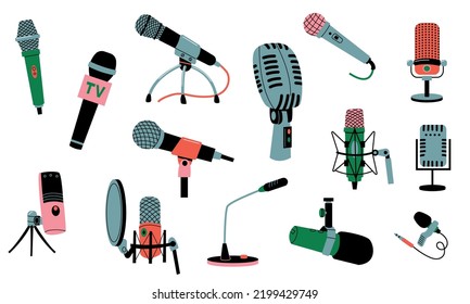 Microphones collection. Music recording radio broadcast equipment, cartoon mic technology for karaoke, studio sound, concert, podcast interview. Vector set. Audio record technology