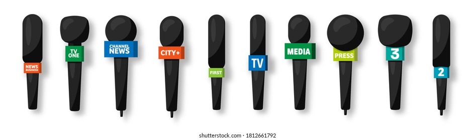Microphones collection. Realistic microphone with shadow. Mass media, tv television show. Audio conference and interview. Broadcasting.