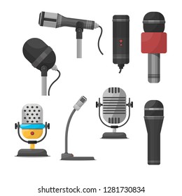 Microphones and dictaphone vector flat icons. Icon microphone, dictaphone electronic and recorder microphone