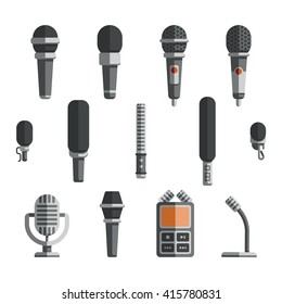 Microphones and dictaphone vector flat icons. Icon microphone, dictaphone electronic and recorder microphone, equipment microphone, device dictaphone, audio technology dictaphone illustration