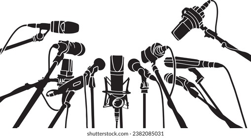 Microphones of Different Mass Media - Silhouette Set Cartoon Illustration, Press Conference or Interview Concept - Silhouette Set of Microphones Illustration