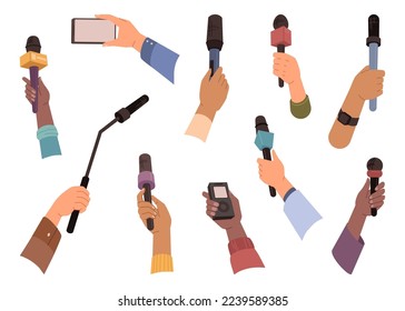 Microphones in hands, audience, reportage and communication flat cartoon vector illustrations. Radio or television interviews, arms with mics and recording equipment