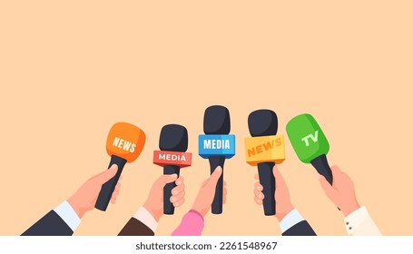 Microphones in the hands of people journalists. The concept of interviewing celebrities. Vector illustration