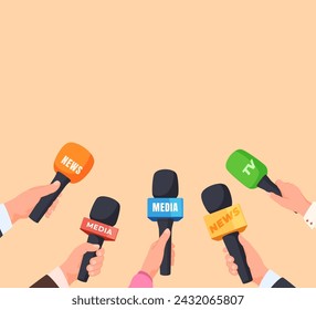 Microphones in the hands of people journalists. The concept of interviewing celebrities. Vector illustration