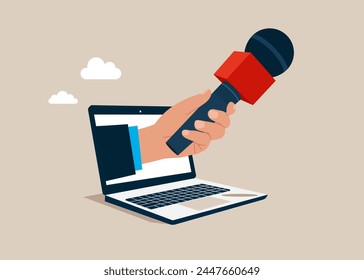 Microphones in the hands of a reporter from a Laptop screen. Interviews are journalist of internet news and radio stations. Press Conference Idea, Interviews, latest news. Flat vector illustration