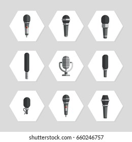 Microphones icons - flat microphones icons set. Collection of vintage retro microphone. Vector illustration
