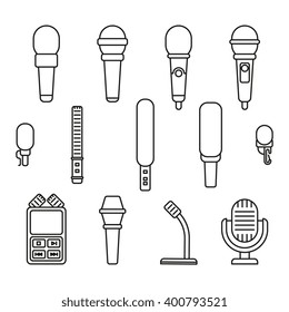 Microphones line icons. Mic and audio recording vector outline signs set