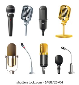 Microphones, music studio equipment isolated sound devices vector. Vintage style mics, media, karaoke and concert tools. Electronic audio technology, radio broadcast or conference, gold and metal item