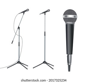 Microphones. Music studio miscellaneous equipment microphone vector realistic photographs of vintage style microphones isolated.