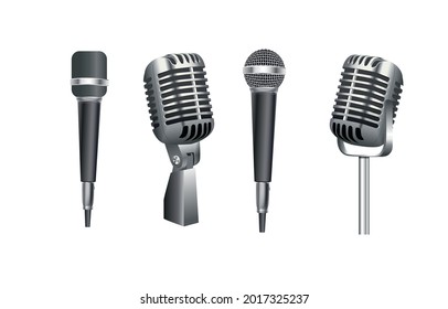 Microphones. Music studio miscellaneous equipment microphone vector realistic photographs of vintage style microphones isolated.