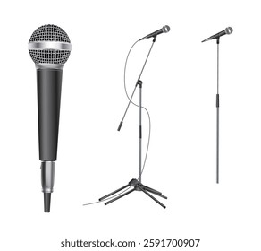 Microphones. Music studio miscellaneous equipment microphone vector realistic photographs of vintage style microphones isolated.