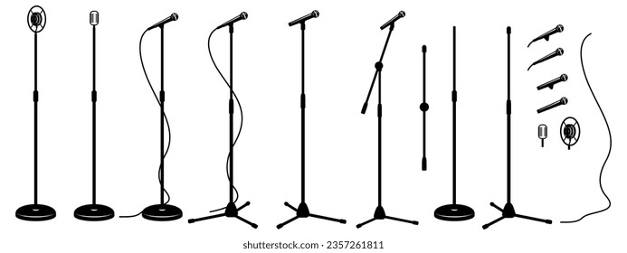 Microphones on counters and microphones and stands separately for design. Vector silhouette cliparts set. Retro and modern.