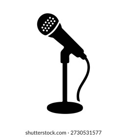 Microphones on counters and microphones and stands separately for design icon set. Vector silhouette clip arts. Retro and modern music sign, mic tool. Close-up microphone stand in small collection.