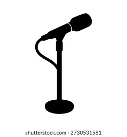 Micrófonos en mostradores y micrófonos y soportes por separado para el conjunto de iconos de diseño. Vector silueta Clip artes. Signo de música retro y moderno, herramienta de micrófono. Soporte de micrófono de primer plano en Pequeña colección.