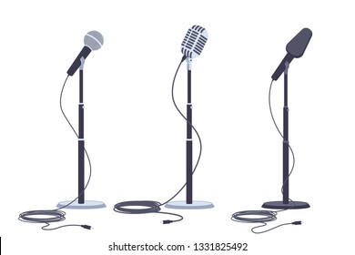 Microphones on stand vector flat set of modern and retro music audio equipment isolated on white background.