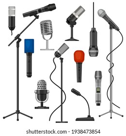 Microphones on stands. Singer mic with wire for stage performance. Music studio audio record equipment. Cartoon radio microphone vector set