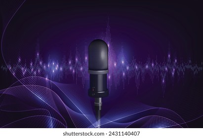 microphones in podcast or interview room isolated on dark background as a wide banner for media conversations or podcast streamers concepts with copyspace 