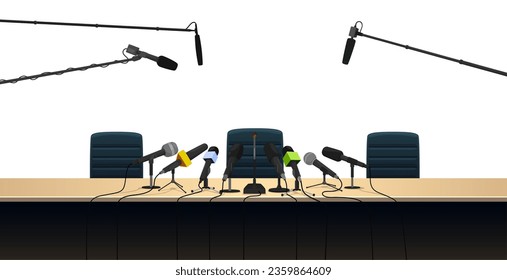 Microphones and press conference interview table with chair, vector media event. Cartoon press conference or news room with journalist mics for interview, speaker report or politics debate