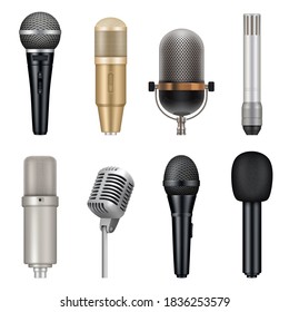 Microphones realistic. Audio studio equipment for singing and talking vector templates set