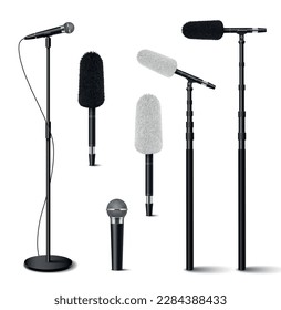 Microphones realistic icons set with classic metal audio devices isolated on white background vector illustration