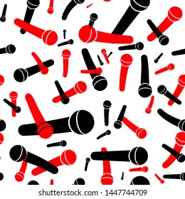Microphones red and black on a white background, seamless pattern, vector