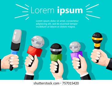Microphones in reporter hands. Set of microphones and recorders isolated on turquoise background. blog Television, interview. Vector illustration. Web site and mobile app blogging