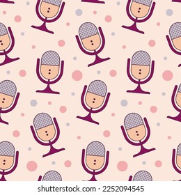 Microphones seamless pattern. World Radio Day, music day poster, colorful retro podcast background. Mics and dots in pink, gray and beige colors.