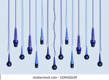 Microphones  set with blue mesh. Creative concept to illustrate an reportage, interview, karaoke, song, music. Light blue  and dark blue microphones on light blue background.
