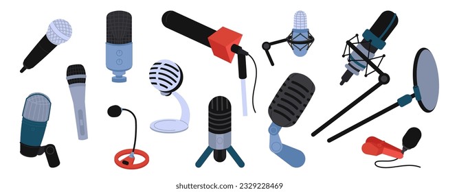Microphones set, isolated microphone vintage style. Modern audio entertainment equipment, tools for record podcast or interview, decent vector elements