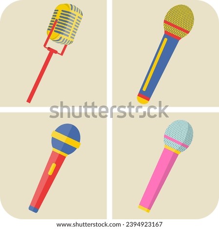 Microphones, a set of original, vintage microphones. Vector, cartoon illustration of a set of microphones. Vector.
