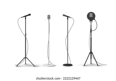 Los micrófonos con gradas establecen ilustraciones vectoriales realistas. Micrófono de diferentes formas en los mostradores para música de voz alta cantando música en conciertos en el escenario radio voz discurso de voz grabación profesional
