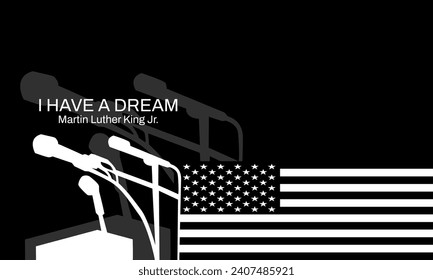 Microphones and USA flag illustration in Martin Luther King Day theme in black and white color. Suitable for posters, banners, background, backdrop, flyers, stickers, card, etc.