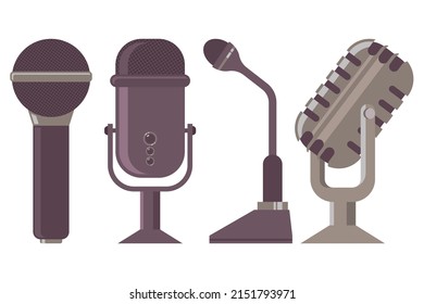 Microphones vector cartoon set isolated on a white background.