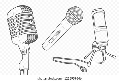 
Microphones vector outline and contour illustration and sketch for singing song, voice and music recording