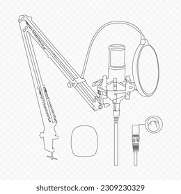 Micrófonos contorno vectorial y contorno ilustración y esbozo para cantar canciones, voz y música