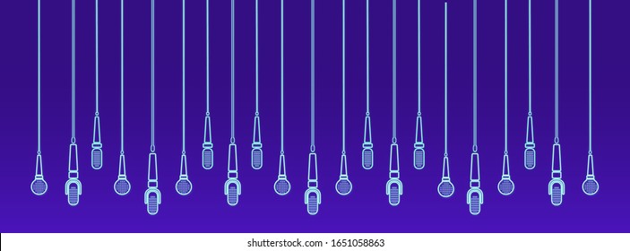 Microphones vector set of banners neonon effect  creative concept to illustrate an reportage, interview, karaoke, song, music.