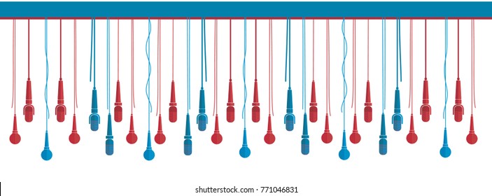 Microphones vector set in a flat style white isolated. Creative concept to illustrate an reportage, interview, karaoke, song, music. Facebook banner with red and blue microphones.