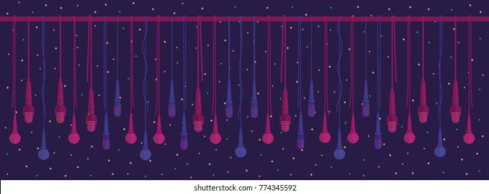 Microphones vector set in a flat style with dark blue background. Creative concept to illustrate an reportage, interview, karaoke, song, music. Facebook banner with pink, purple and blue microphones.