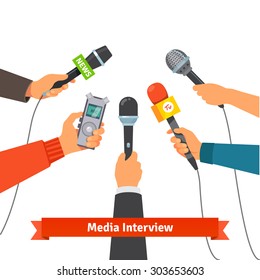 Microphones And Voice Recorder In Hands Of Reporters On Press Conference Or Interview. Journalism Concept. Flat Style Vector Illustration Isolated On White Background.