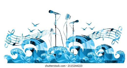 Microphones with waves and seagulls isolated for live concert events, music festivals and shows, party flyers. Musical poster for karaoke singing vector illustration