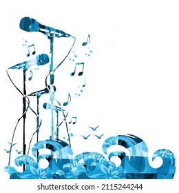 Micrófonos con ondas y gaviotas aislados para eventos de concierto en vivo, festivales y espectáculos musicales, folletos de fiesta. Afiche musical para la ilustración vectorial del canto de karaoke