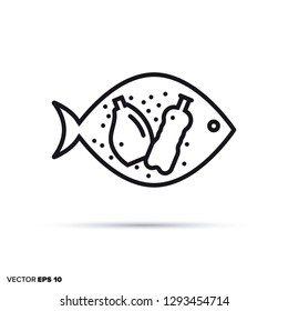 Microplastic In Fish Vector Line Icon. Water Pollution And Environmental Damage Symbol.