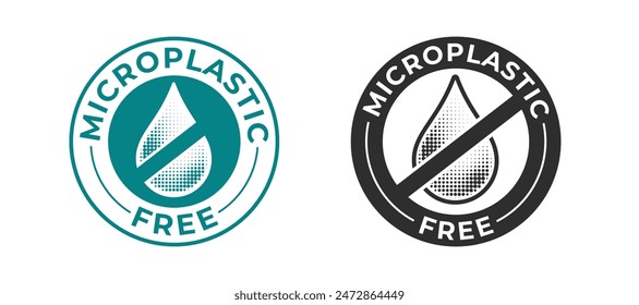 Microplastic free icons for eco friendly biodegradable package tag, vector signs. Micro plastic or microplastic free bottle label and stamp symbols with water drop